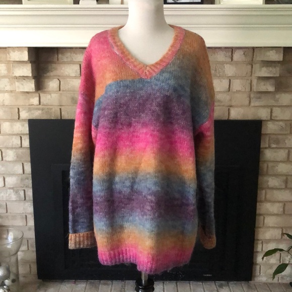 JODIFL Sweaters - JODIFL Rainbow V-Neck Oversized Fuzzy Sweater size Medium